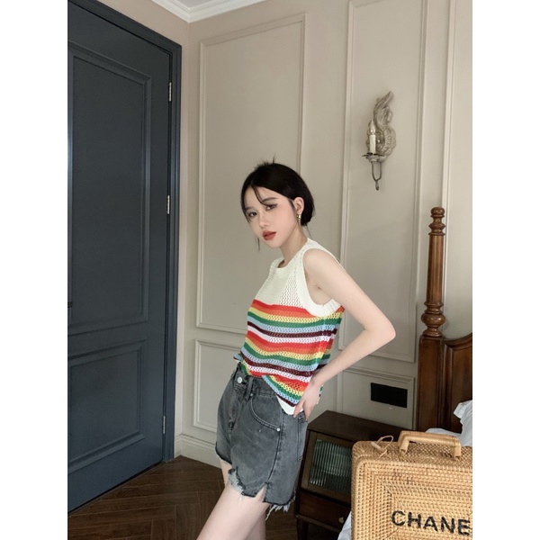 Áo Dệt Kim Sát Nách Dáng Rộng Họa Tiết Kẻ Sọc Thời Trang Mùa Hè Cho Nữ