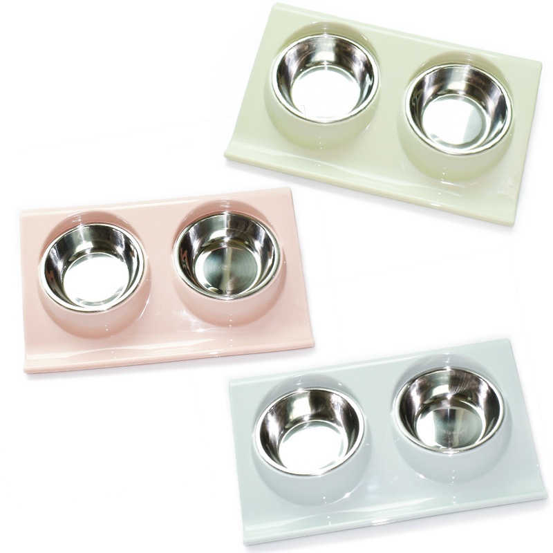 Creative Thick Stainless Steel Pet Double Bowl Inclined Style PP Material Durable Three-color Pet Cat and Dog Feeding Bowl