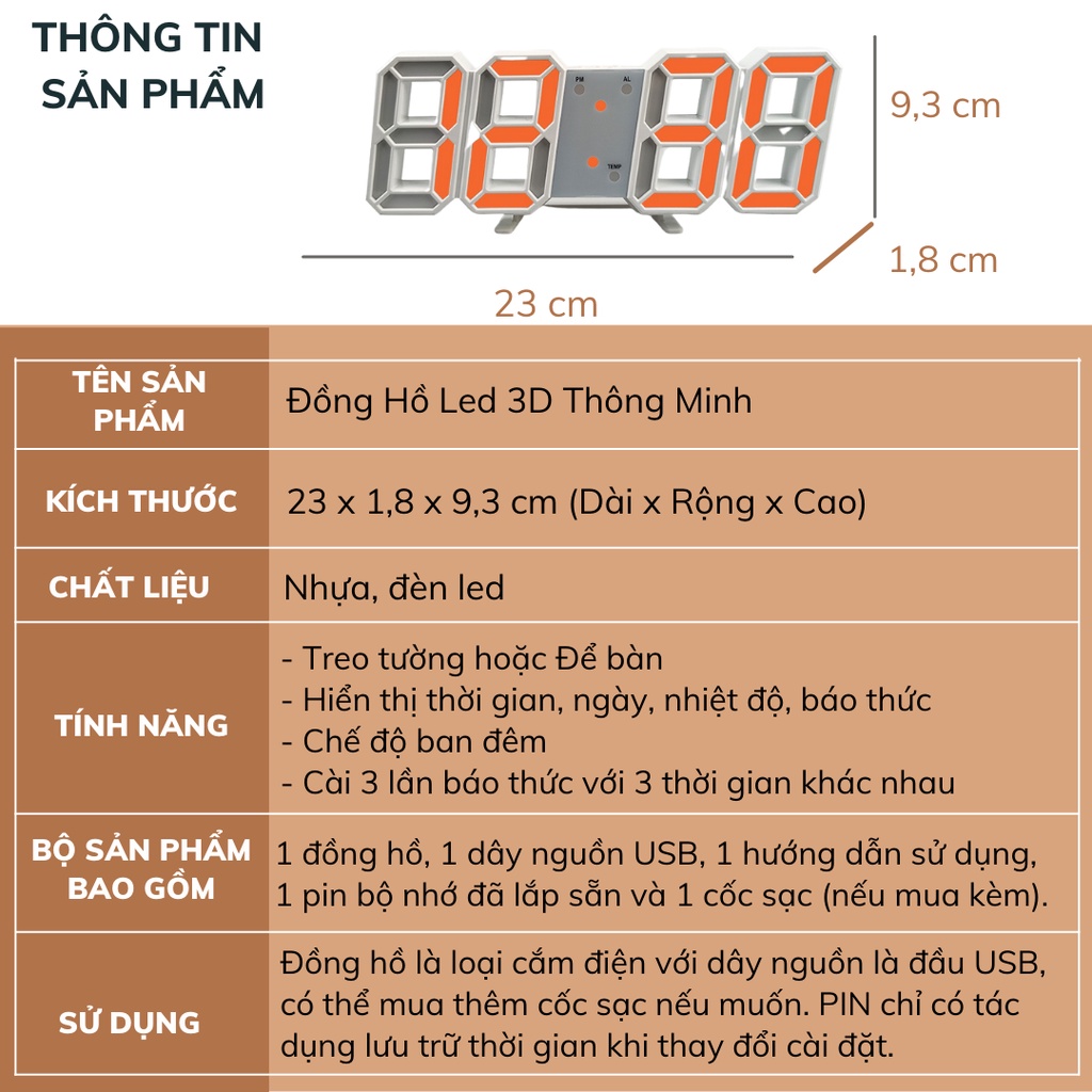 Đồng hồ led 3D thông minh để bàn treo tường đo nhiệt độ báo thức DECOSA