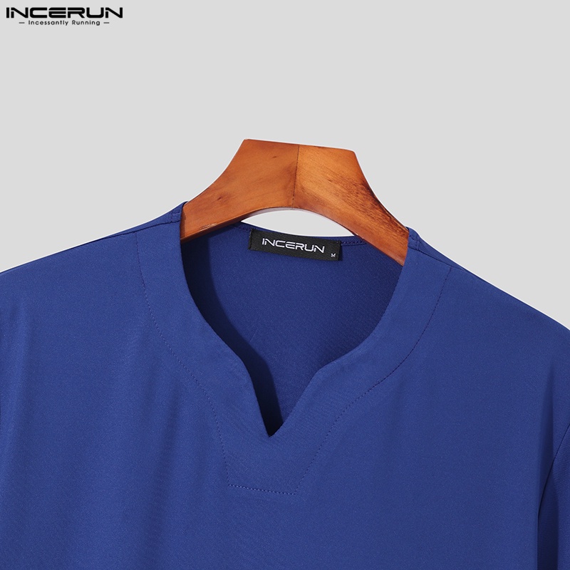Áo thun INCERUN ngắn tay cổ chữ V màu trơn 3 màu lựa chọn cho nam