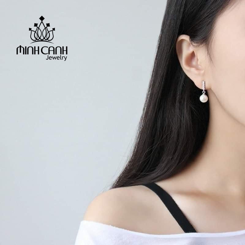 Bông Tai Bấm Đính Đá Treo Hột Trai - Minh Canh Jewelry