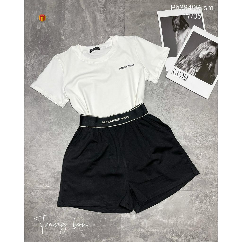 set bộ gân áo trắng in chữ nhỏ quần short bản bo eo