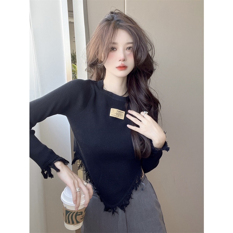 Cocory vn Áo Dệt Kim Nữ Tay Dài Dáng Ôm Phối Tua Rua Thời Trang