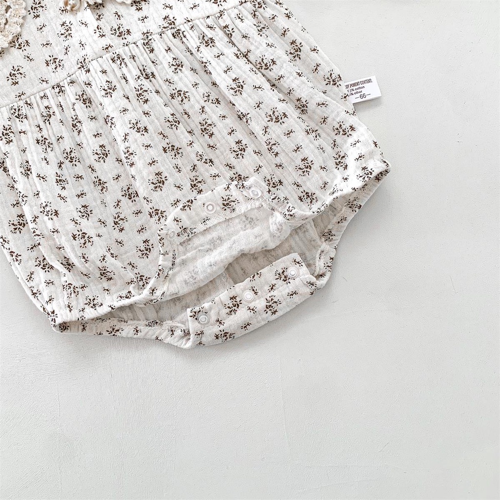 Bộ Áo Liền Quần Tay Dài Cổ Búp Bê + Mũ Vải Cotton In Hoa Xinh Xắn Cho Bé Gái Từ 0-2 Tuổi