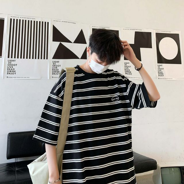 ÁO THUN TAY LỠ UNISEX NAM NỮ KẺ NGANG LOGO NGỰC