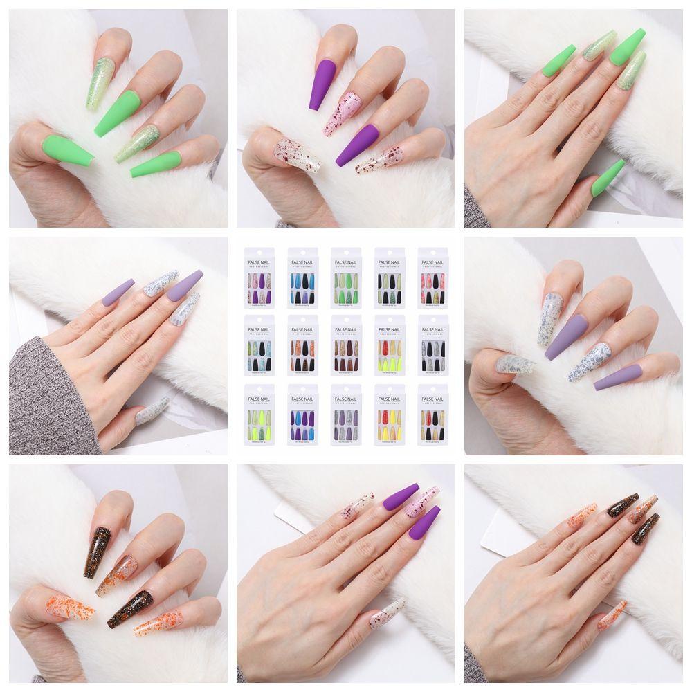 HS Bộ 24 Móng Tay Giả Dáng Chữ T Nhiều Màu Sắc Có Thể Tháo Rời