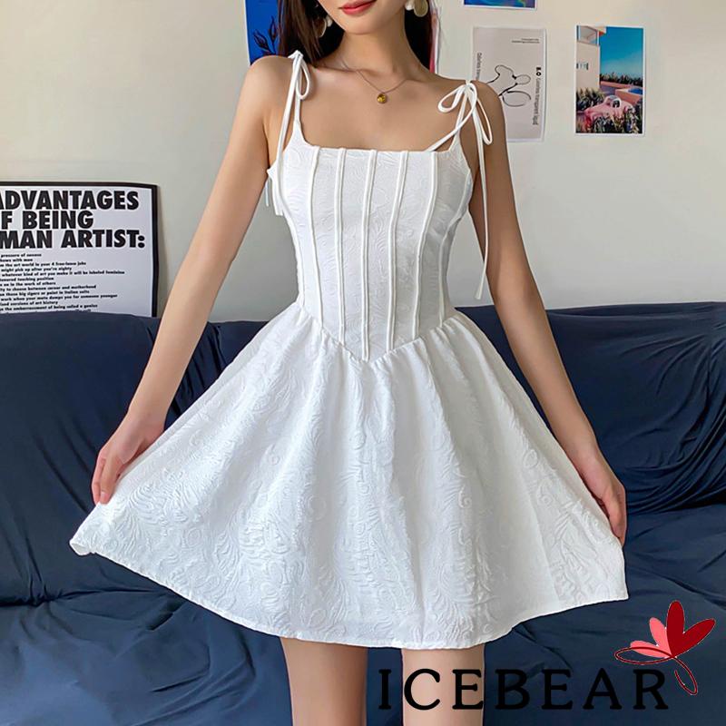 Đầm Hai Dây Dáng Chữ A Lưng Cao Màu Trơn Họa Tiết Kẻ Sọc Đính Nơ Cho Nữ