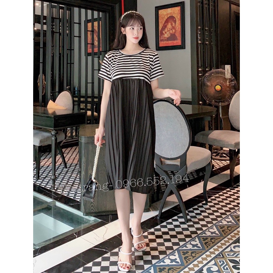 Váy bầu,Đầm bầu cho những ngày chớm thu - Dáng suông phối thân dập li trẻ trung , năng động ( size 45-80kg) Ms 6740