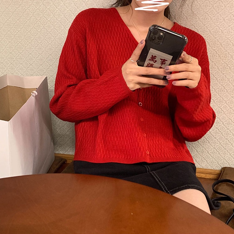 Áo khoác cardigan IHKKE dệt kim tay dài cổ chữ V phong cách Hàn Quốc thời trang cho nữ