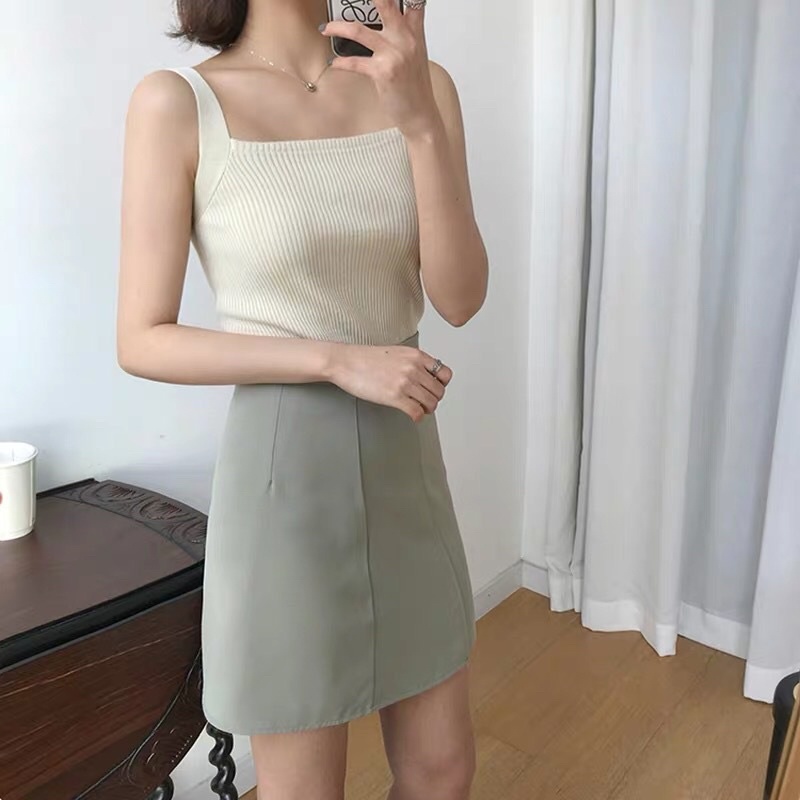 Áo 2 dây bản to len tăm cổ vuông ôm body nhiều màu
