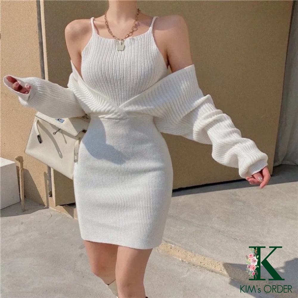 Đầm Len Body Nữ Màu Trắng Đen Ghi Dài Tay Bồng Tiểu Thư Cổ Chữ V Váy Len Hai Dây Dáng Ôm Sát Đi Tiệc Sành Điệu Loại Đẹp