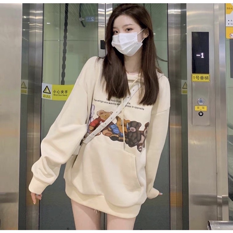 Áo hoodie nỉ bông hình gấu freesize unisex