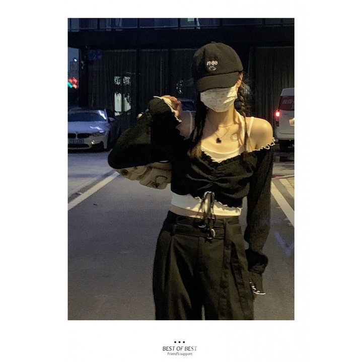 Set áo thun tay dài + áo hai dây màu trơn thời trang cho nữ | BigBuy360 - bigbuy360.vn