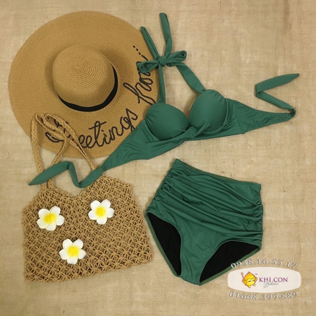 Bikini 2 mảnn nâng ngực áo gọng xoắn dây dày nâng ngực + quần nhún lưng cao giấu bụng (Hình chụp thật)