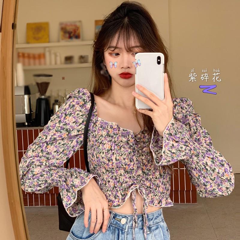 Áo kiểu trễ vai họa tiết hình hoa dễ thương cho nữ | BigBuy360 - bigbuy360.vn