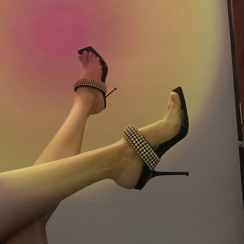 Giày Cao Gót。 Xăng đan Cao Gót Mũi Vuông Quai Trong Suốt Đính Đá Thời Trang Quyến Rũ Dành Cho Nữ 2022