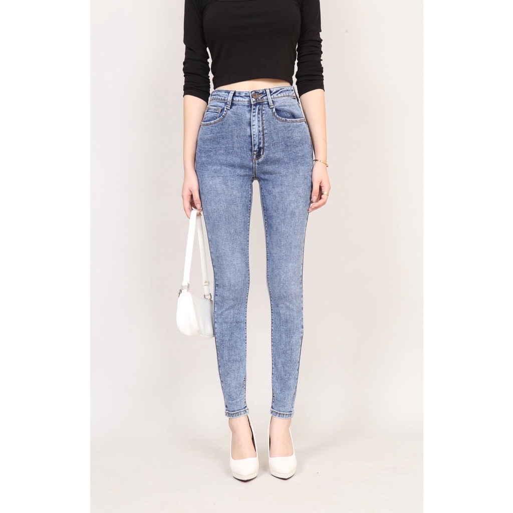 Quần Jean Nữ SKinny Xanh Đá Cạp Cao Vải Xuất Xịn Co Giãn Gấu Thường CT Jeans