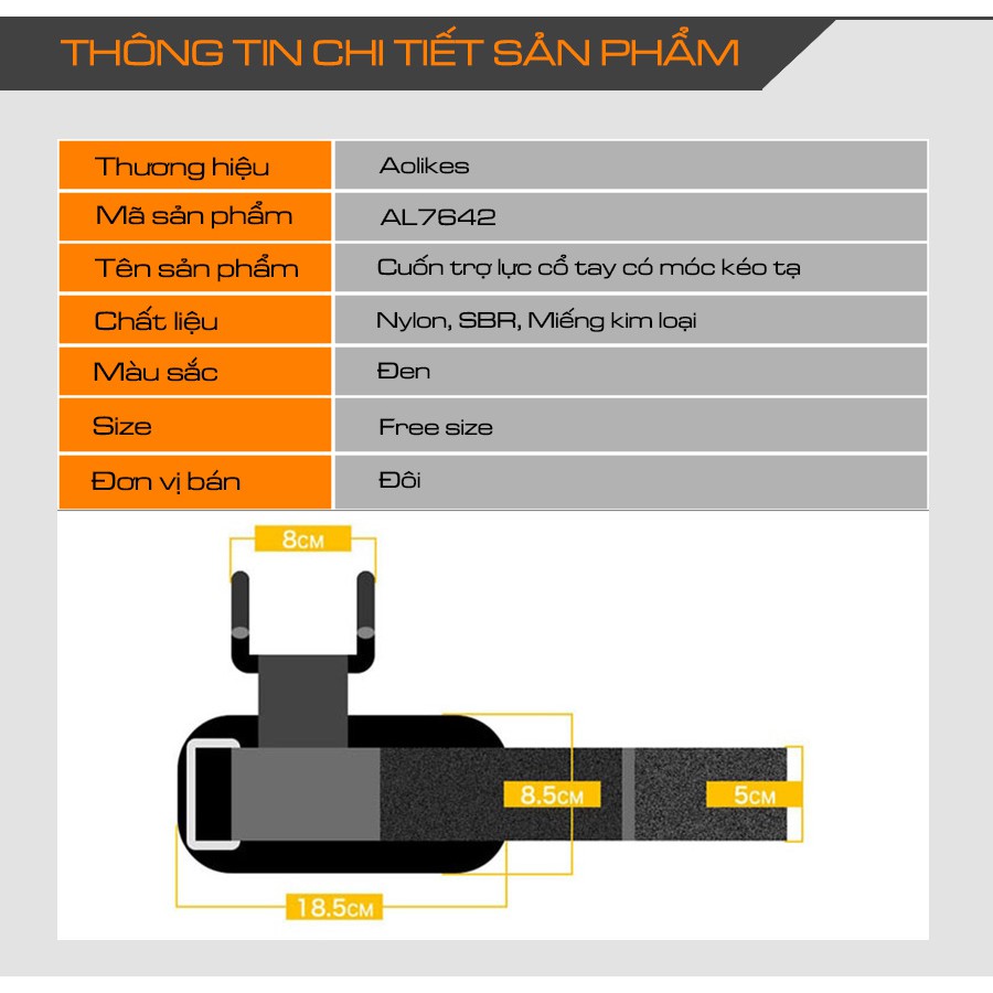 Dây cuốn cổ tay có móc thép nâng tạ, kéo xà, tập xô Aolikes chính hãng A7642