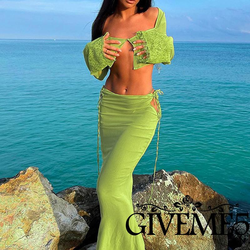 Set Đồ 2 Món Gồm Áo Lửng Dài Tay Màu Trơn Và Chân Váy Dài Xẻ Tà Cho Nữ