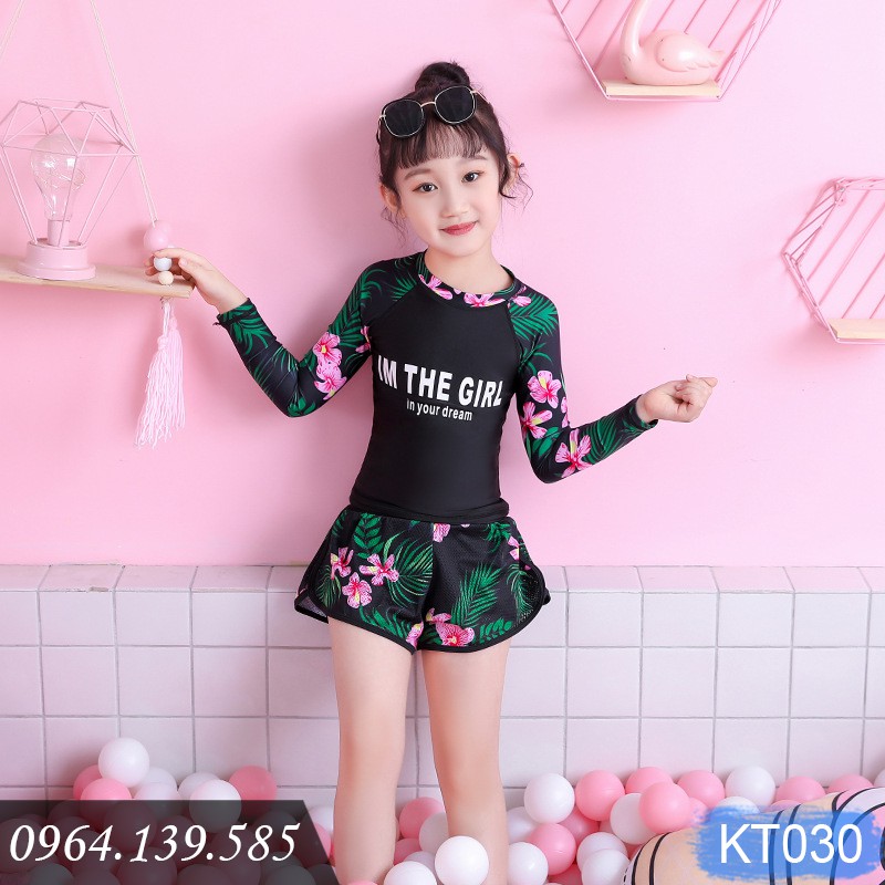 [ SALE LẺ SIZE 14-18kg] - Bộ bơi quần sooc đùi, áo dài tay cho bé gái, chống nắng bảo vệ da, chất đẹp dáng đẹp | KT030