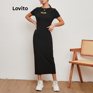 113XJ Lovito Đầm Diềm Xếp Nếp Thêu Hoa Lovito Modet L20D172 (Đen)
