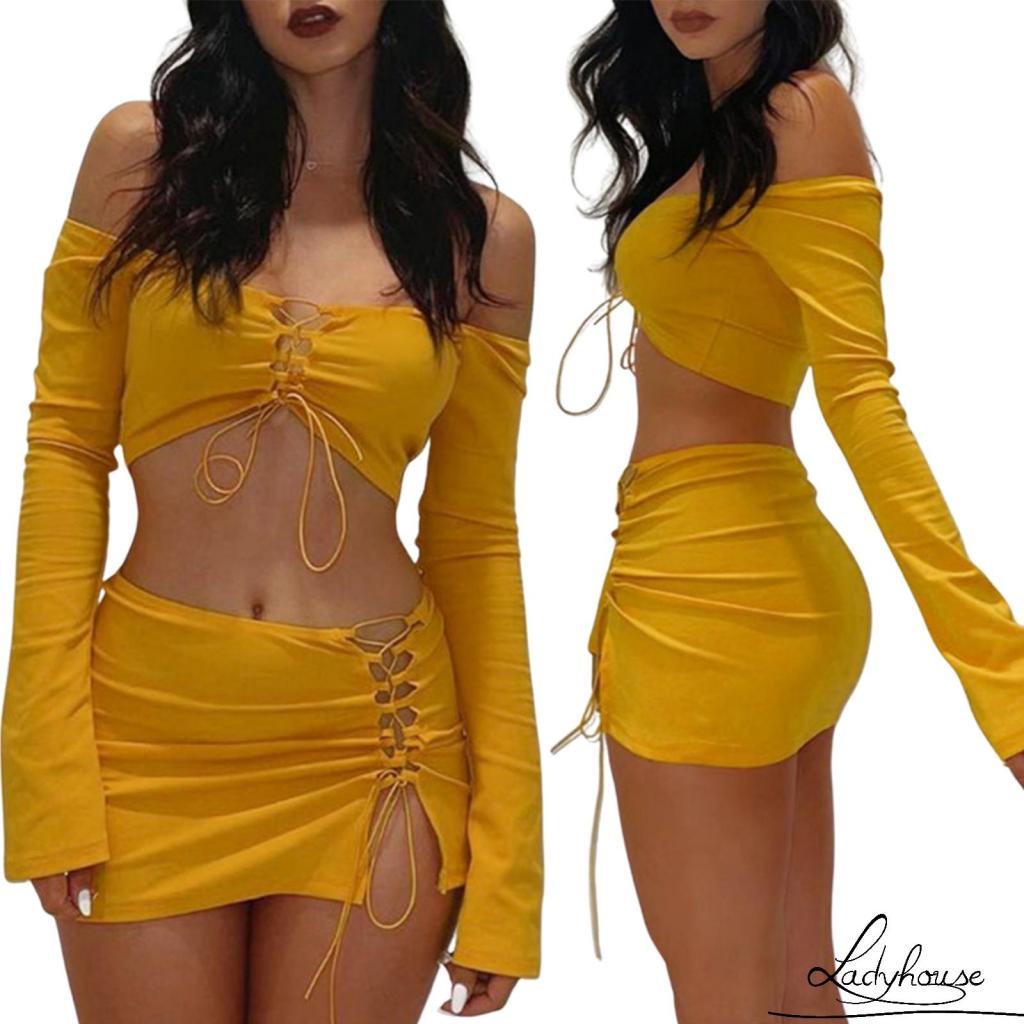 Bộ Áo Thun Tay Dài + Chân Váy Ôm Dáng Xẻ Tà Thời Trang Gợi Cảm Cho Nữ