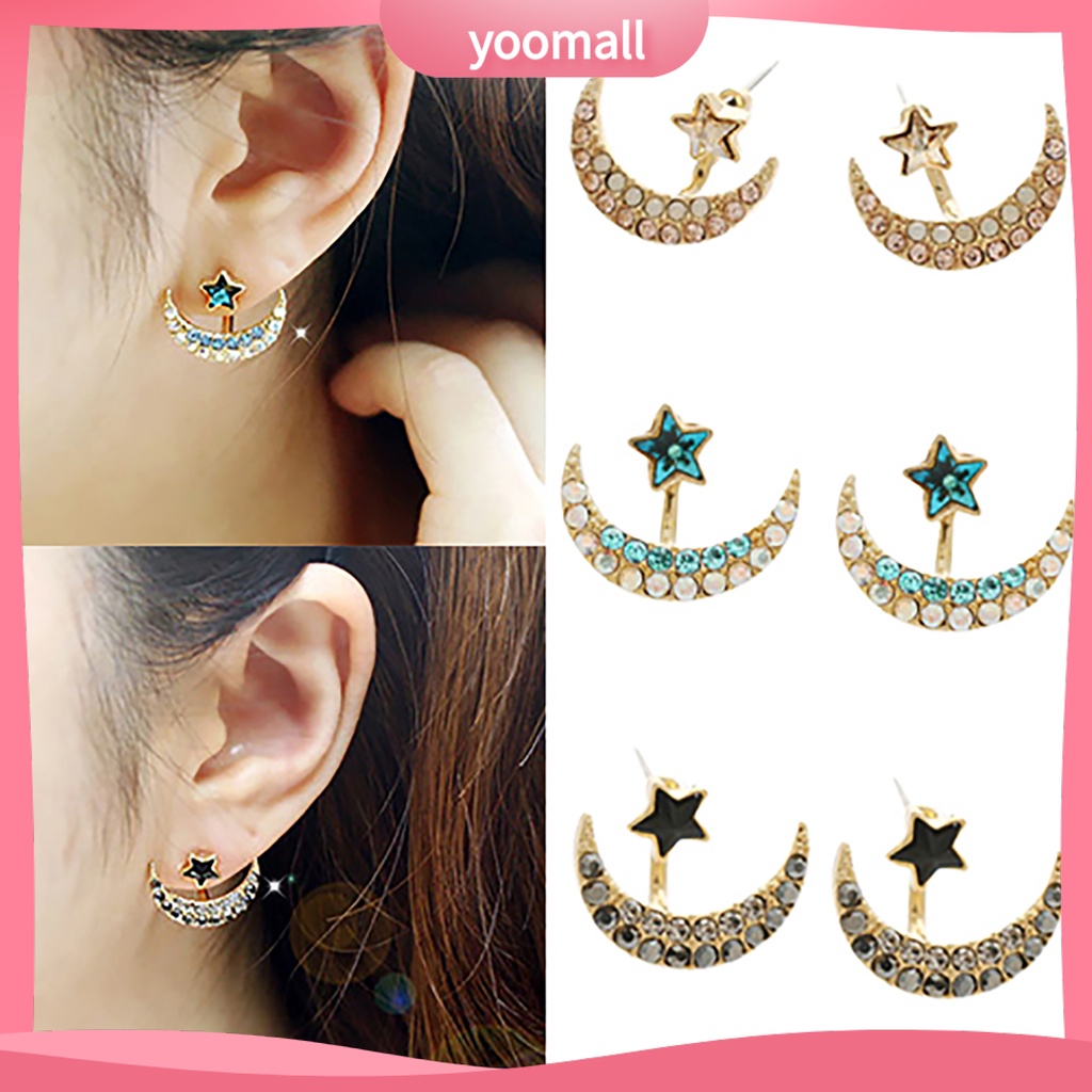 Đôi khuyên tai hình mặt trăng và ngôi sao đính đá thanh lịch cho nữ
