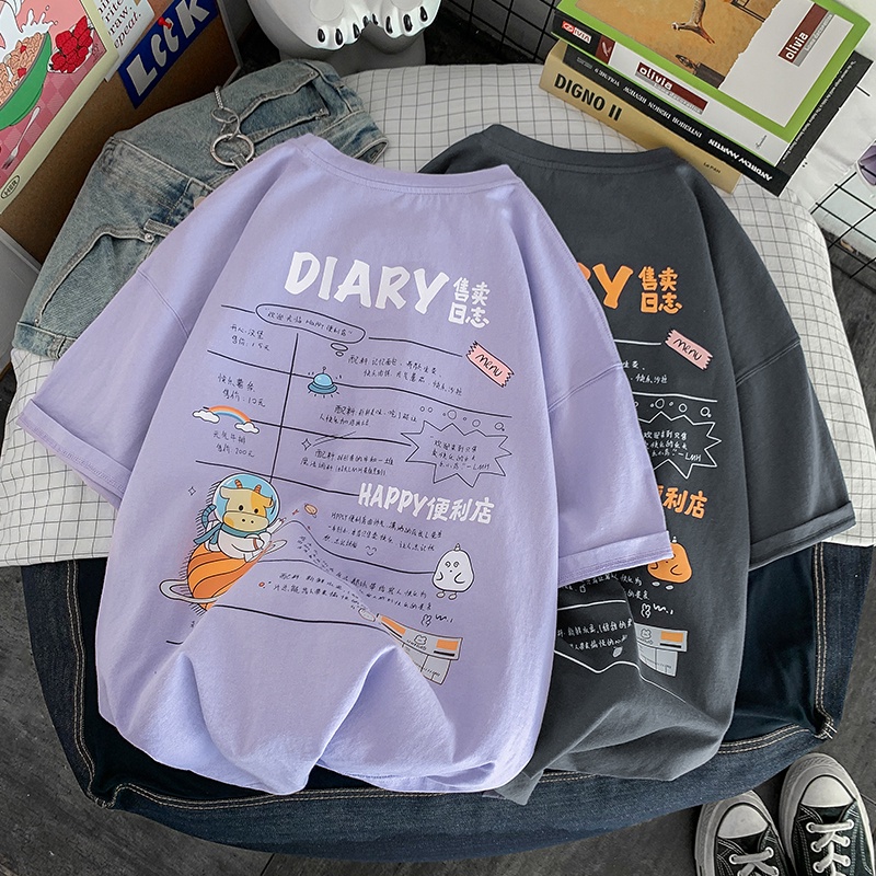Áo thun Unisex form rộng tay lỡ, Áo phông nam nữ cotton thấm hút, dày dặn mềm mịn họa tiết DIARY