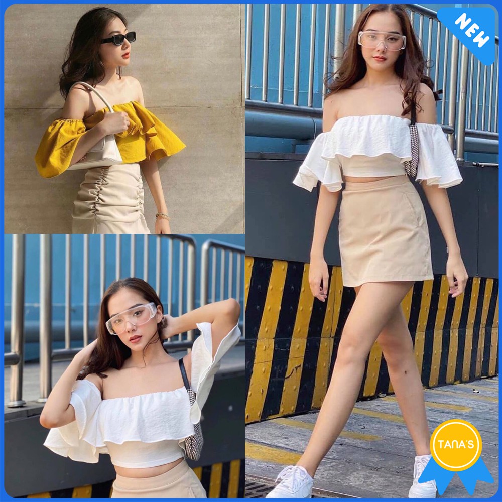 [⚡𝗡𝗲𝘄 𝗔𝗿𝗿𝗶𝘃𝗮𝗹] Áo croptop trễ vai bèo tay loe 2 màu -Áo_trễ_vai