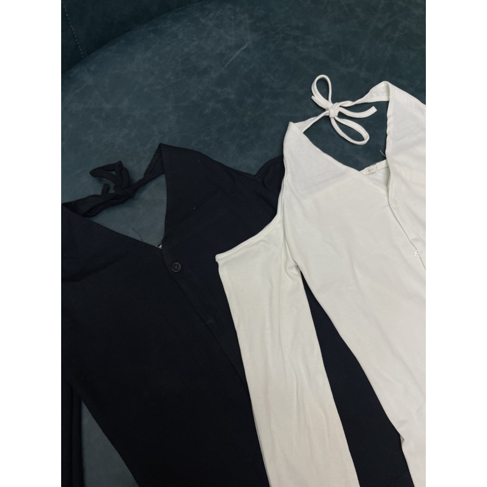 Áo Croptop cổ yếm buộc dây dài tay trễ vai - Hương Su