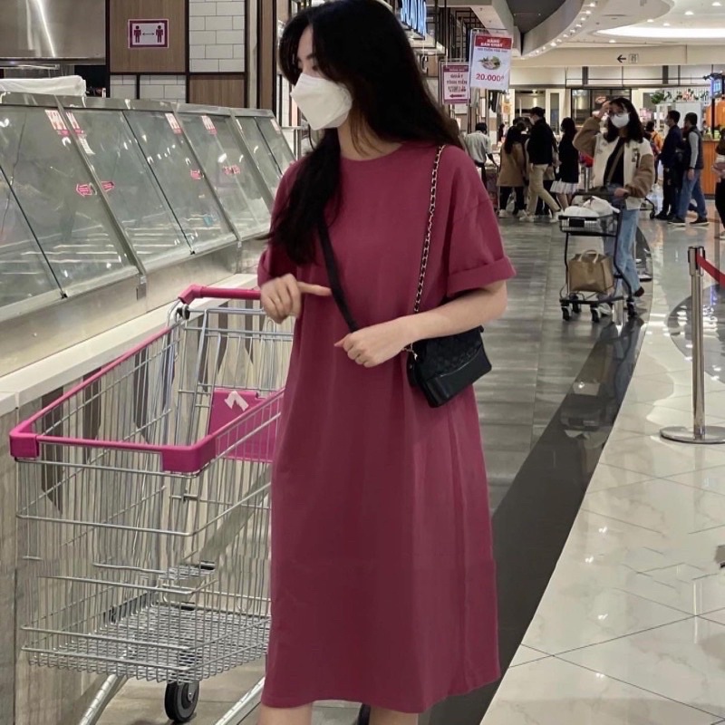 Váy dài  Đầm dáng suông màu đen trơn, thun tay lỡ bánh bèo cá tính Ulzzang