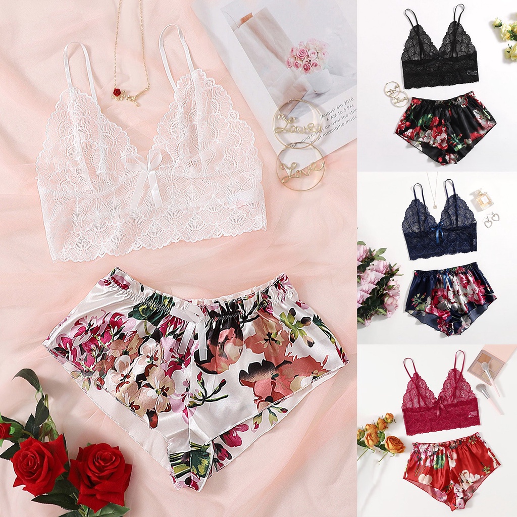Đầm ngủ vải satin phối ren in họa tiết thời trang cho nữ