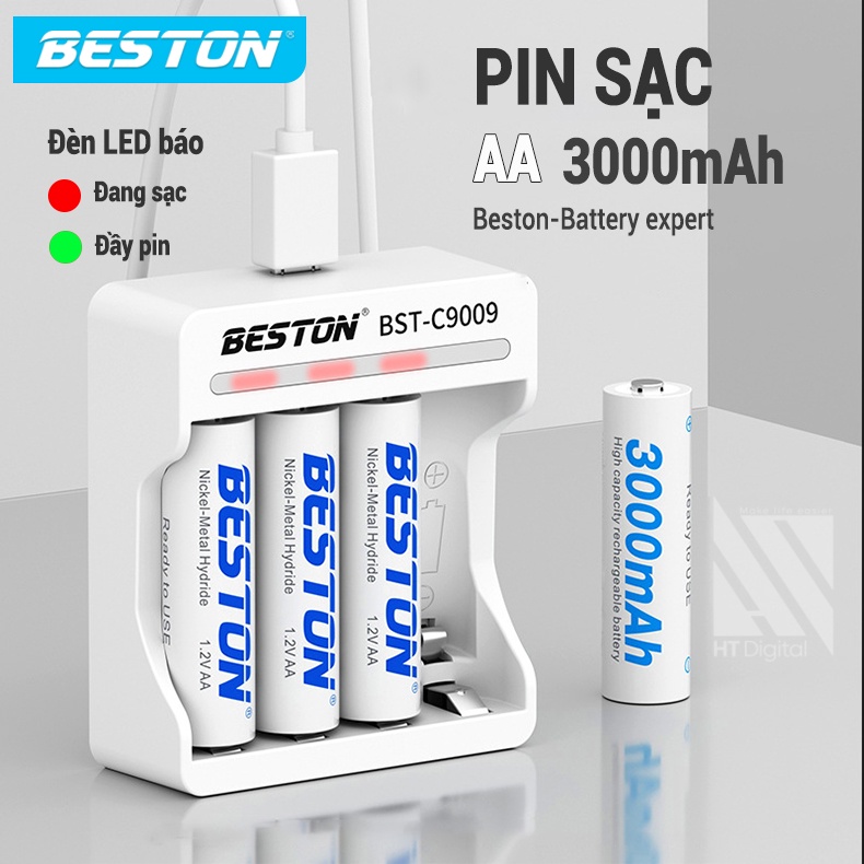 Bộ Sạc Pin AA AAA Thông Minh Beston C9009 Tự ngắt khi đầy, đèn báo pin sử dụng cho micro, chuột máy tính, loa