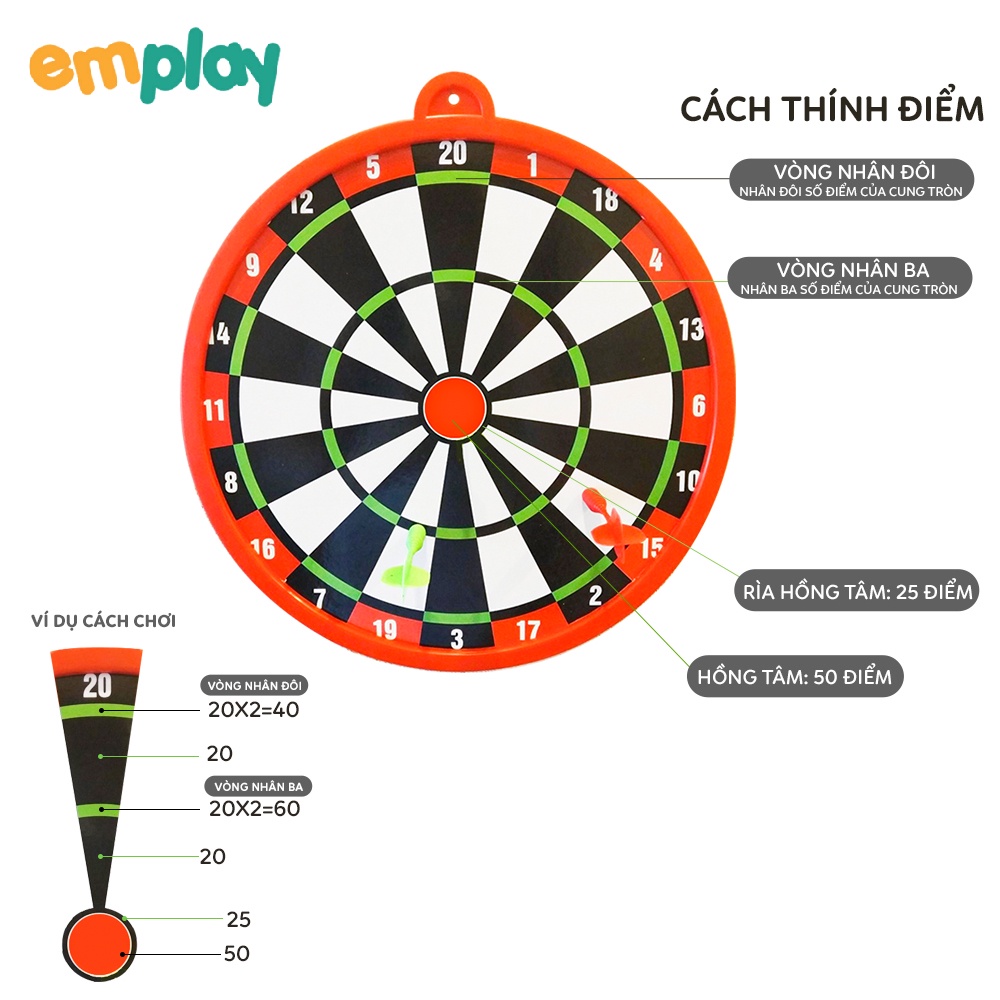 Phi tiêu nam châm Emplay gồm 1 bia mục tiêu 2 mặt và 3 tiêu an toàn cho trẻ nhỏ thoải mái vận động thể thao khoẻ mạnh