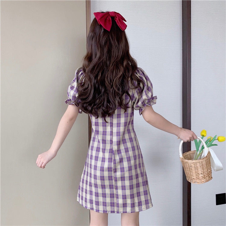 Đầm chữ A tay phồng họa tiết sọc caro phong cách Hàn Quốc đáng yêu cho nữ | BigBuy360 - bigbuy360.vn