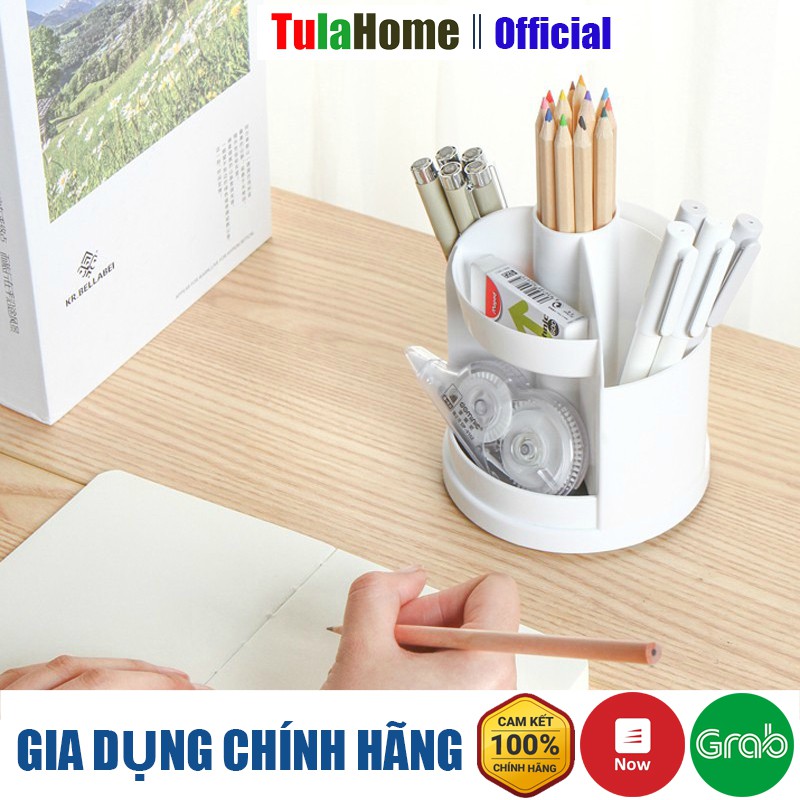 Ống cắm bút 2 tâng để bàn xoay 360 độ TulaHome, Hộp Đựng Bút 2 Tầng