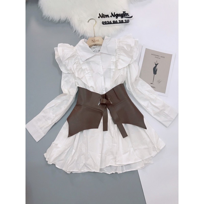 [HÀNG CÓ SẴN] Có ảnh thật. Váy sơ mi cánh tiên mix đai váy nâu cổ điển, váy bèo nhún phối đai váy bản to | BigBuy360 - bigbuy360.vn