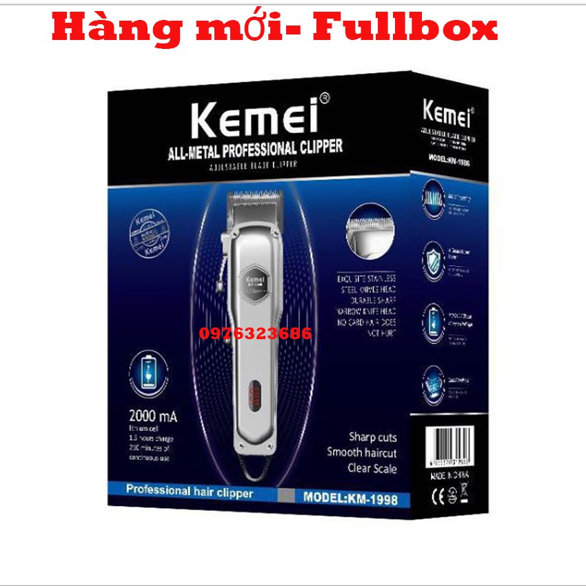 Tông đơ kemei 1998 pin Lithium-ion sử dụng 150 phút cắt tóc cho bé, cắt tóc chuyên nghiệp rất tốt tặng lược Tony cao cấp