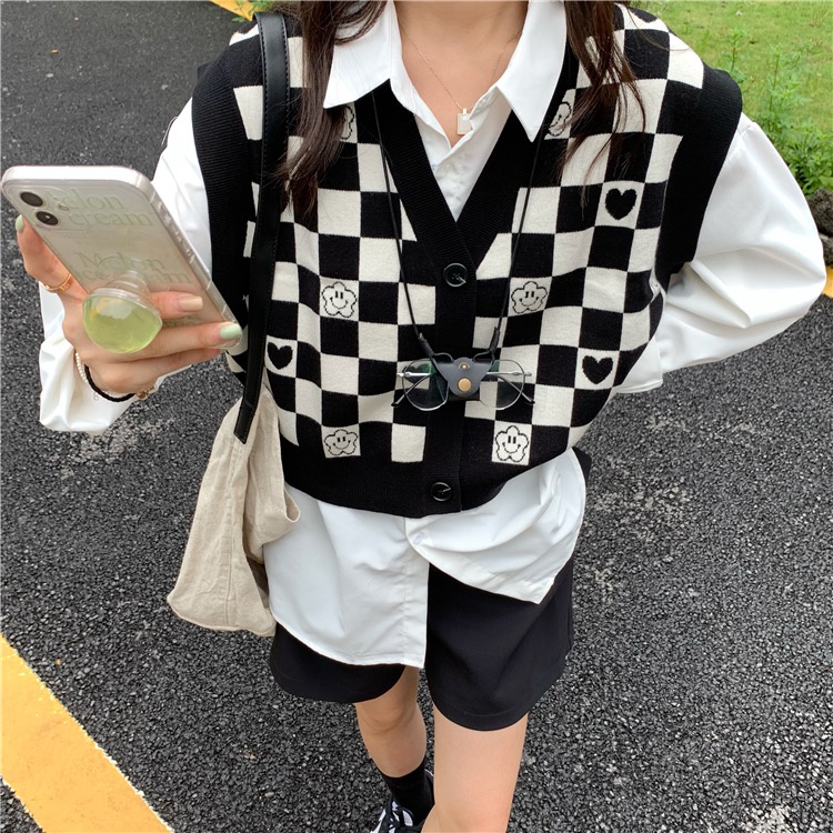 DUNEA Áo len không tay họa tiết sọc caro trắng đen phong cách Hàn Quốc