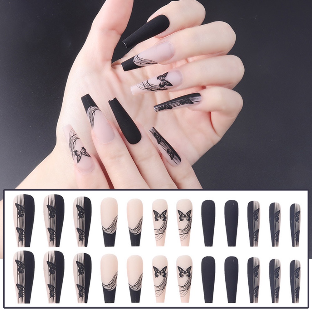 Set 24 Móng Tay Giả Họa Tiết Bươm Bướm Đen Thời Trang