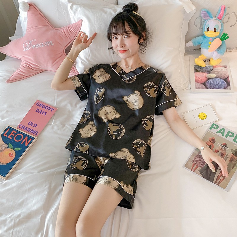 Đồ ngủ ❤️FREESHIP❤️Bộ Đồ Ngủ Lụa pijama cộc tay mặc nhà ulzzang in hình họa tiết dễ thương