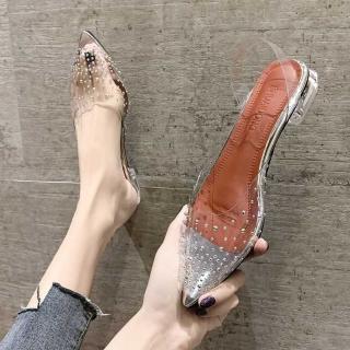 Giày Sandal Nữ Đế Bệt Hở Ngón Quai Trong Suốt Đính Đá Pha Lê