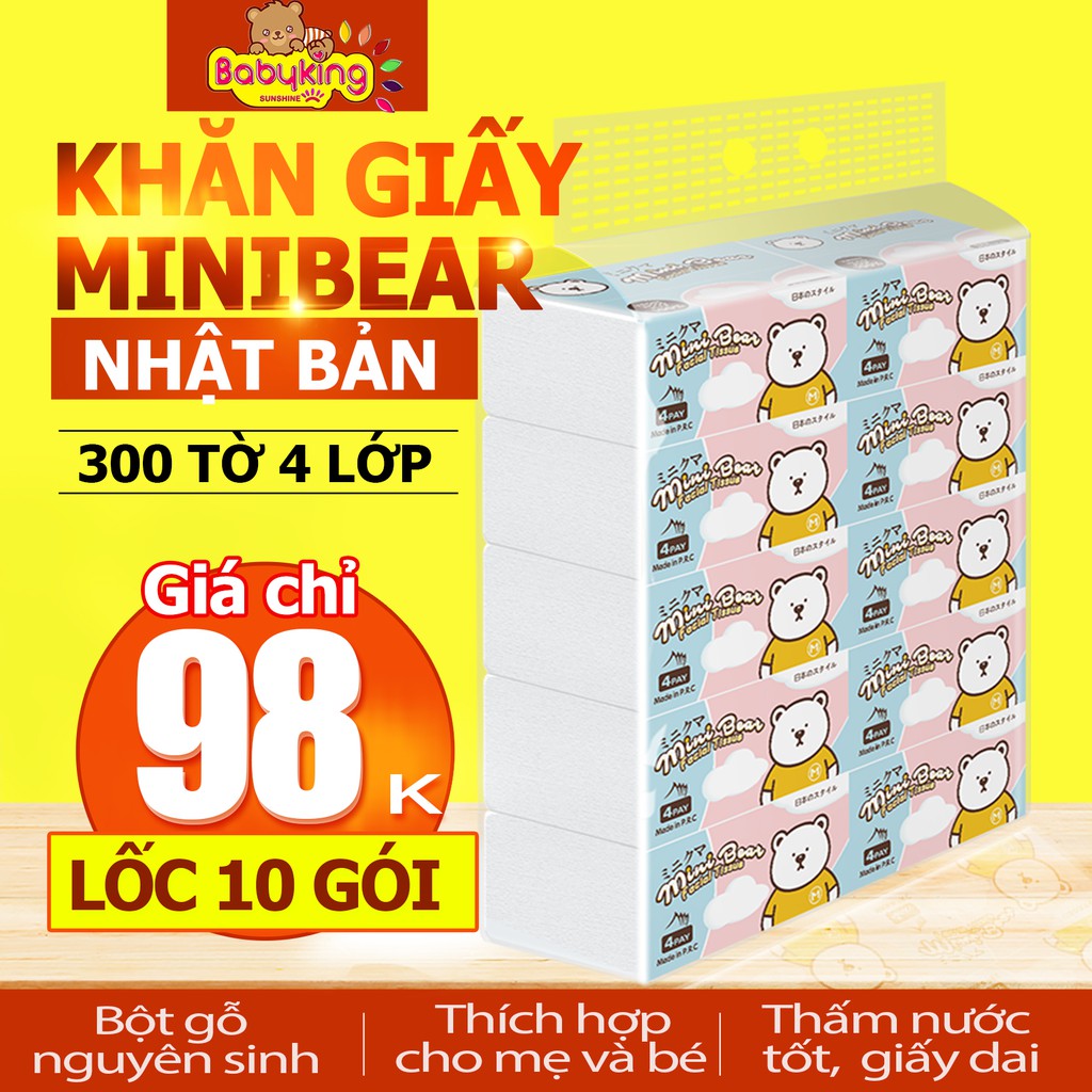 Khăn giấy rút minibear Nhật lốc 10 gói 300 tờ 4 lớp mềm mại dẻo dai, chất liệu thiên nhiên, an toàn cho làn da.