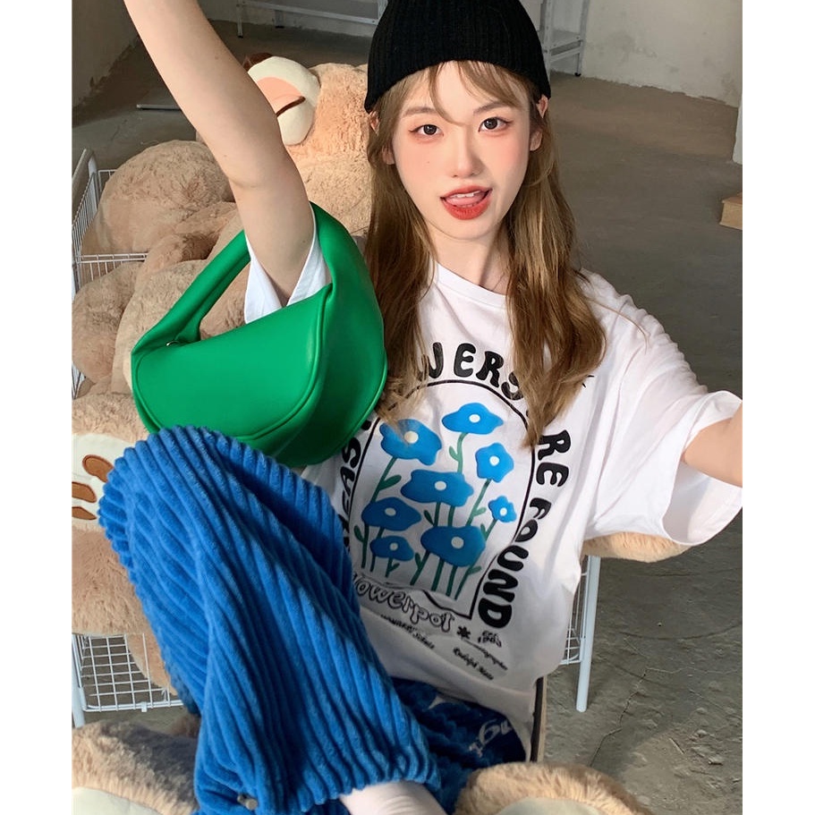 Áo Thun Tay Ngắn Cổ Tròn In Chữ Và Hoa Form Rộng Phong Cách Retro 50012