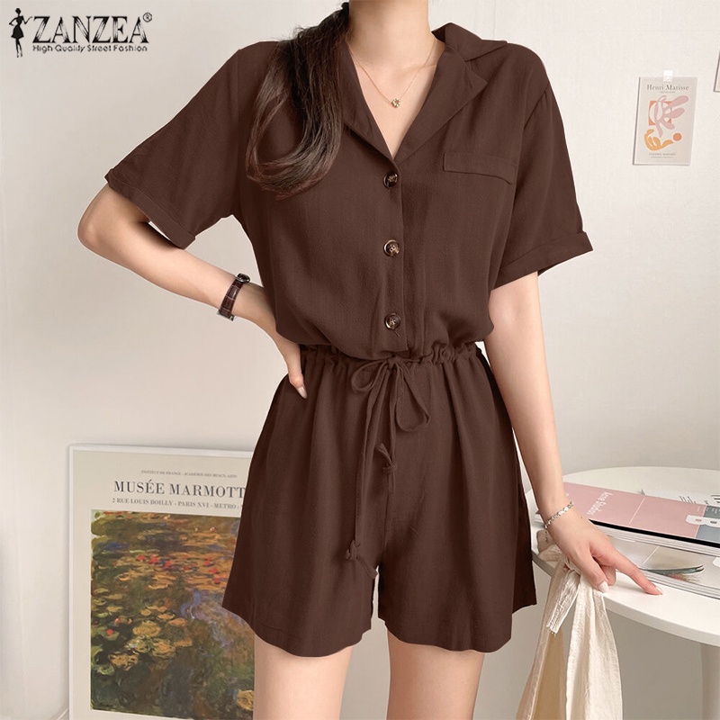 Áo liền quần ZANZEA ngắn tay phối dây rút và túi phong cách Hàn Quốc cho nữ