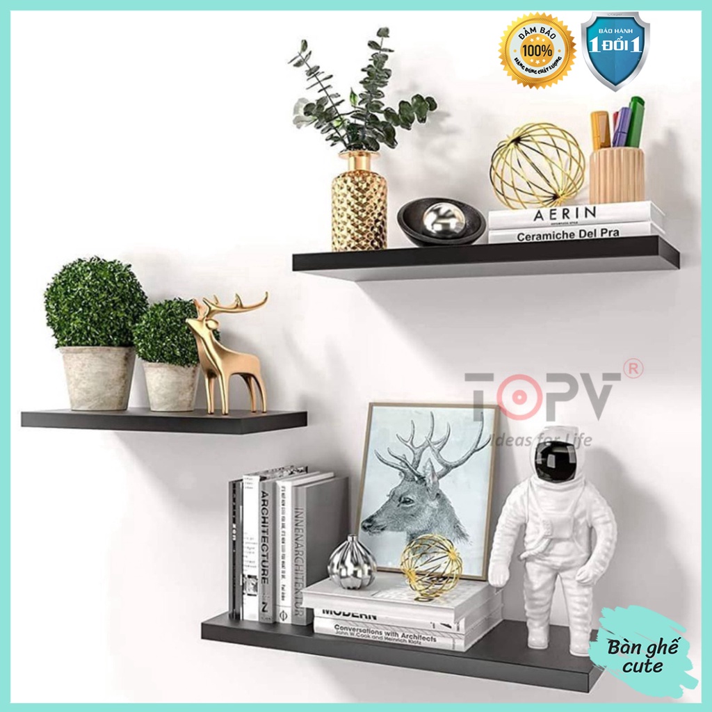 Kệ gỗ treo tường decor TopV giá trang trí thanh gỗ ngang gắn tường mini phòng khách ngủ để cây cảnh đen Bàn ghế cute