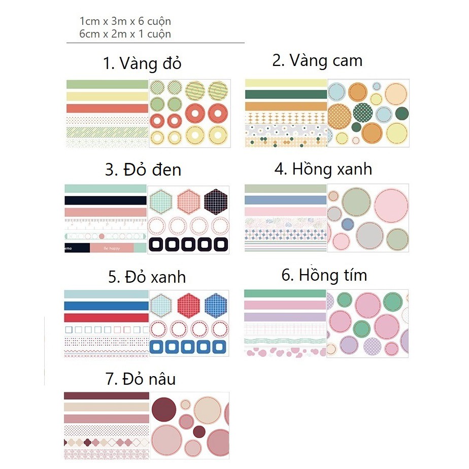 Set băng dính washi tape chấm bi trang trí planner WST2311