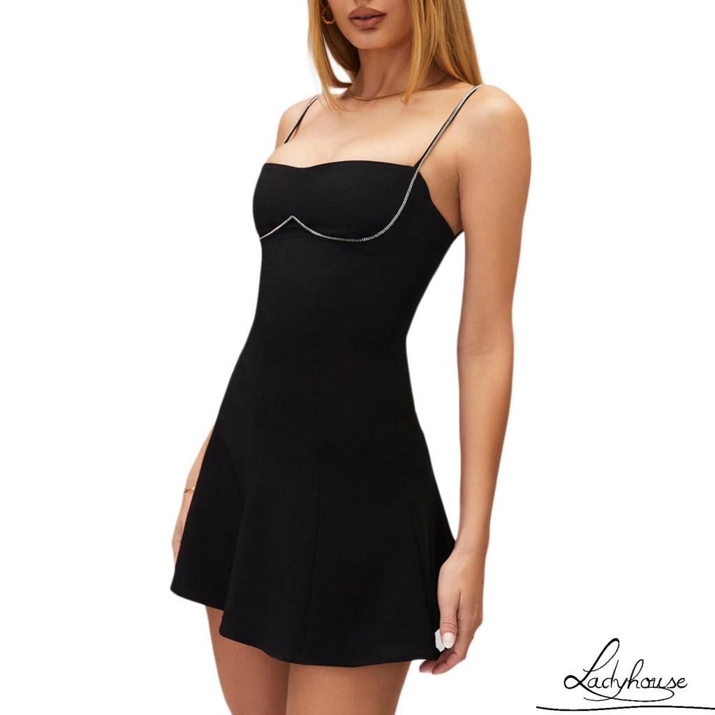 Đầm Chữ A Hai Dây Hở Lưng Màu Đen Thời Trang Mùa Hè Cho Nữ