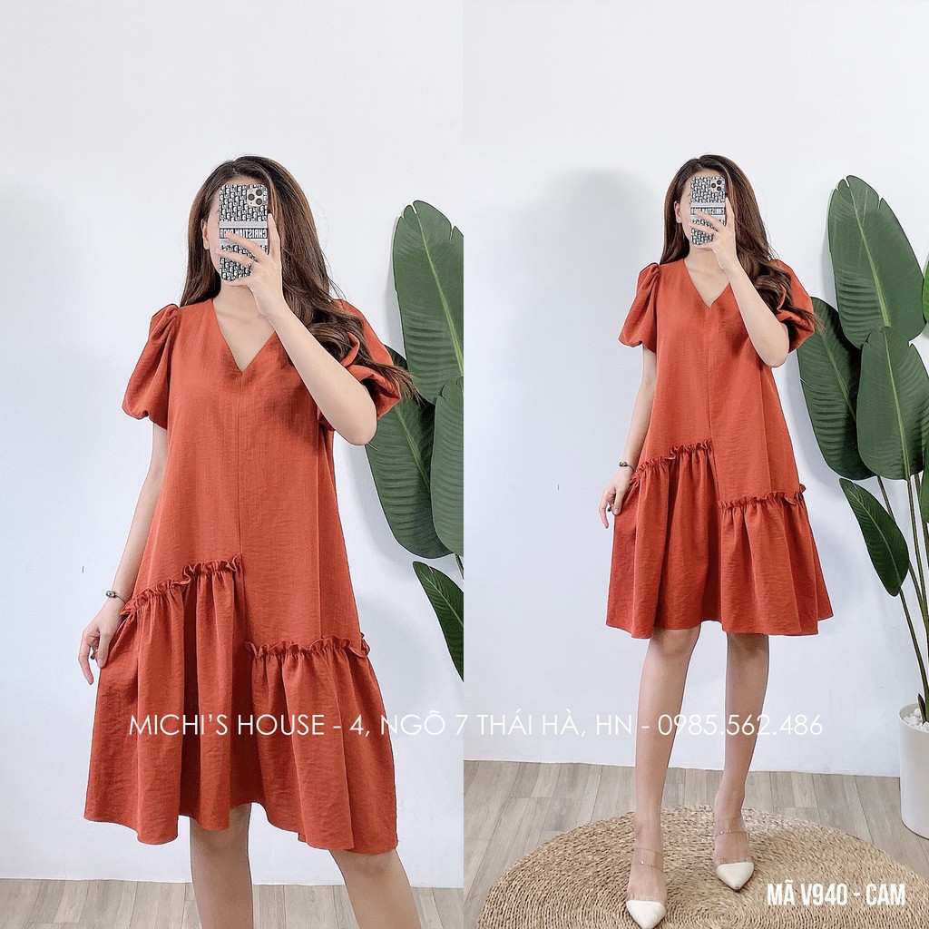 Đầm Suông Đũi V940 MICHI House Váy Xuông Thiết Kế  Cổ V Tay Bồng Dáng Ngắn Mặc Bầu Xinh Freesize Bigsize