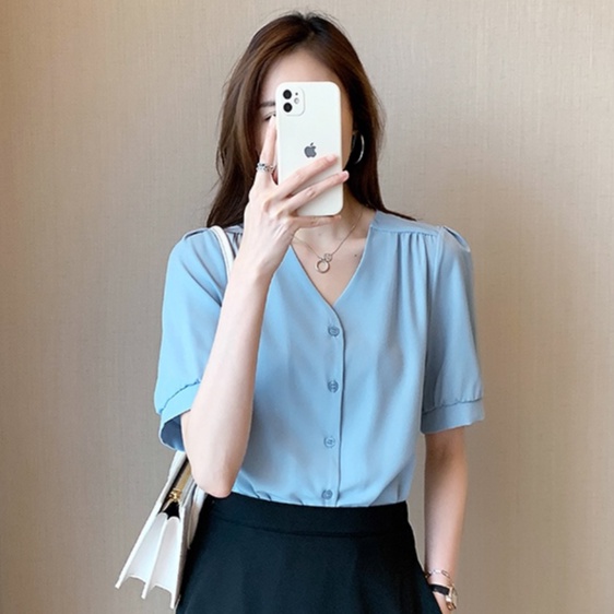 SUXI Áo Sơ Mi Tay Ngắn Cổ Chữ V Dáng Rộng Phong Cách Hàn Quốc Thời Trang Mùa Hè Cho Nữ